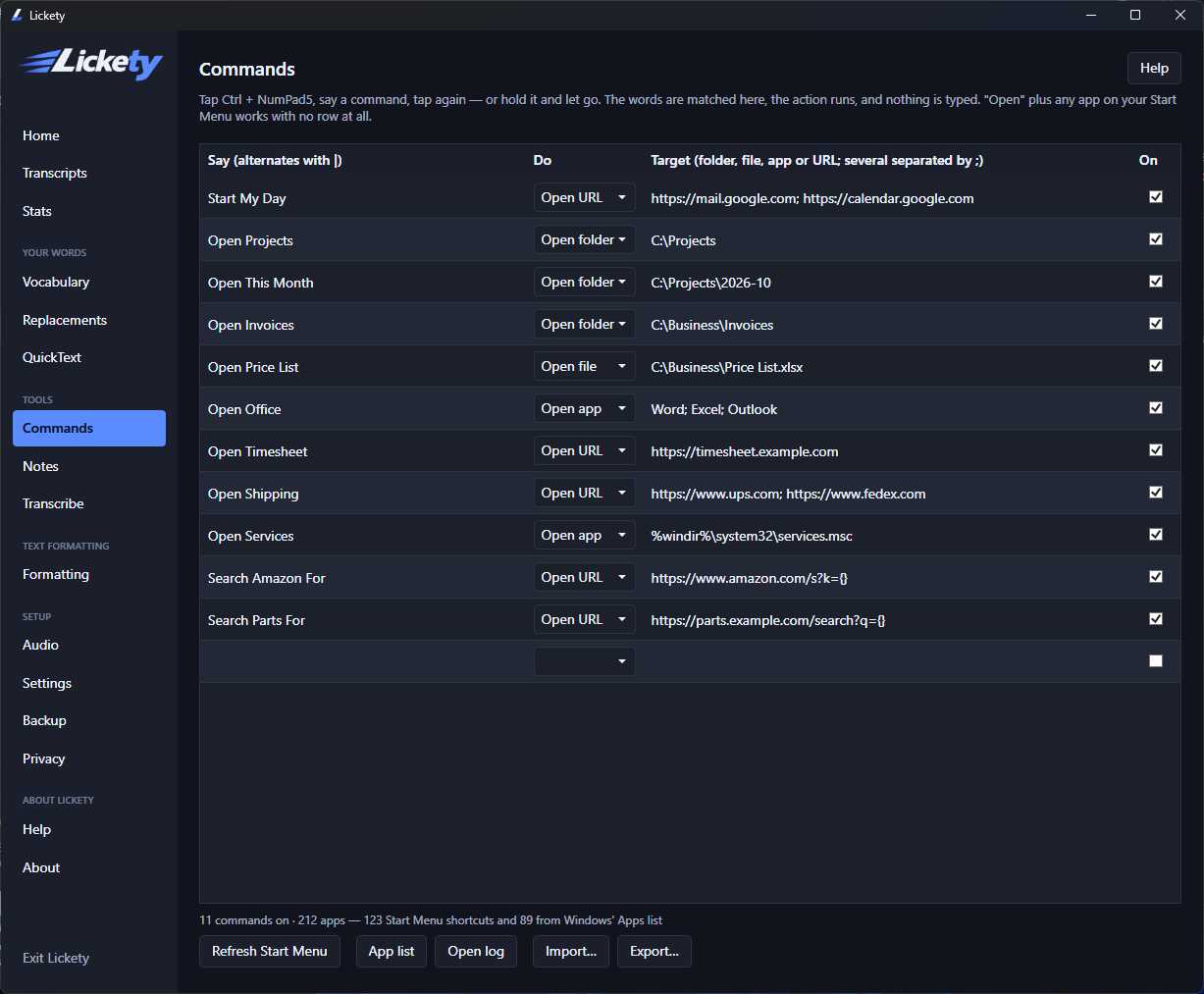 The Commands screen in Lickety: a table of spoken phrases with the action and target for each, and a checkbox to turn each one on.