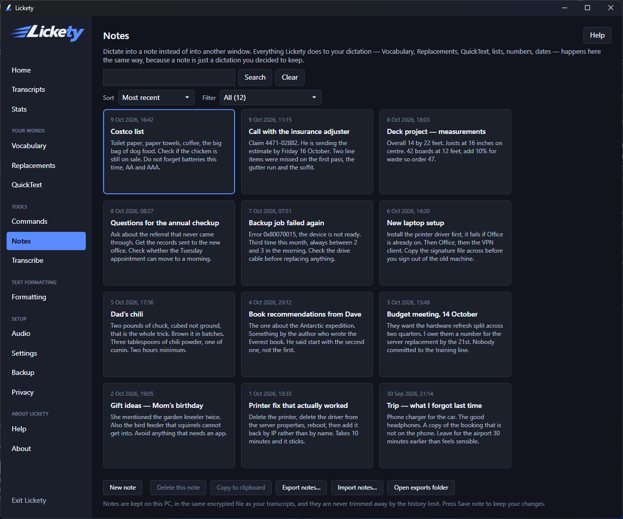 The Notes screen in Lickety: a grid of dated note cards with titles and first lines, above a search box and sort and filter controls.