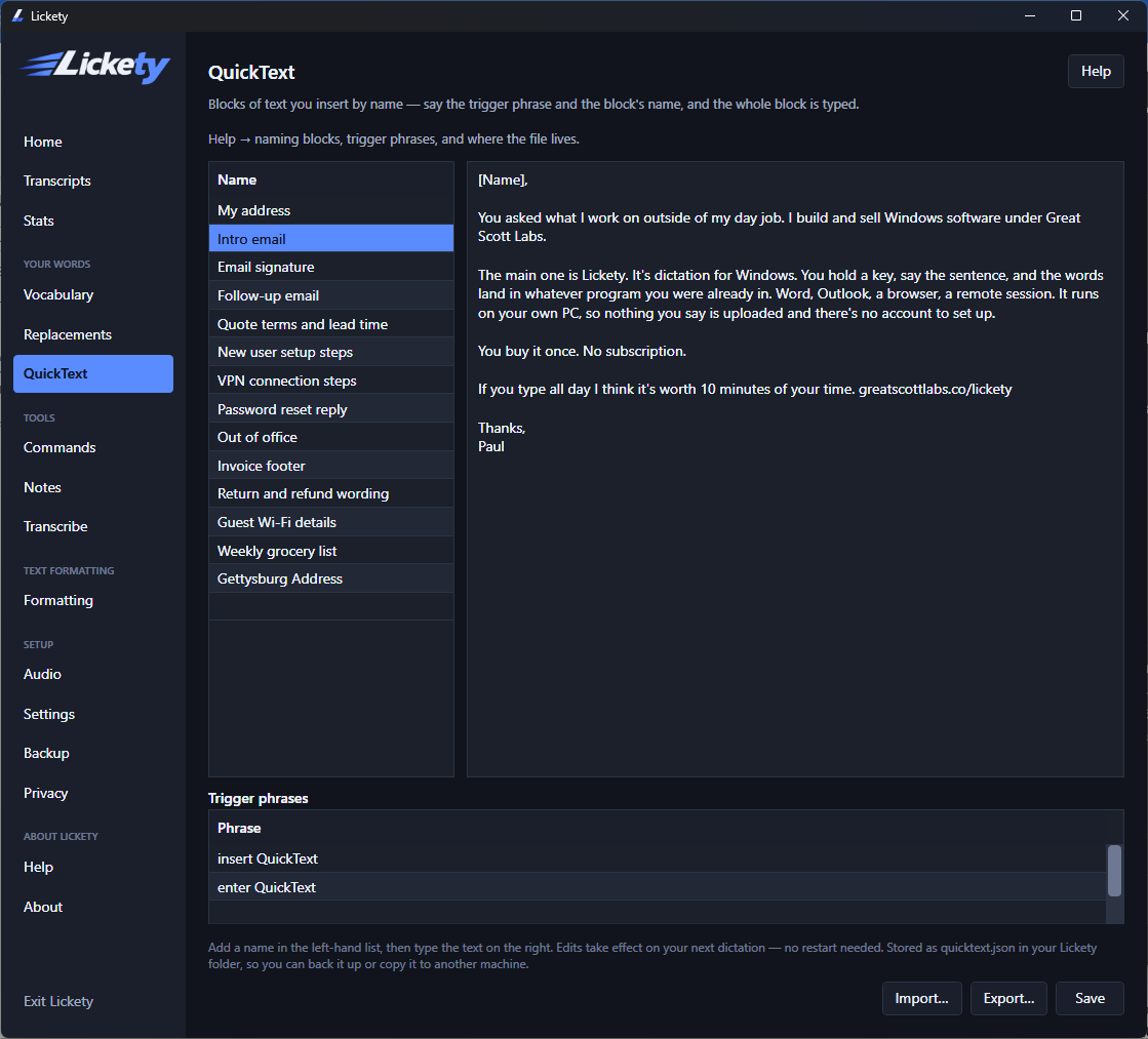 A list of saved QuickText blocks in Lickety, with an intro email selected and its full text shown alongside.
