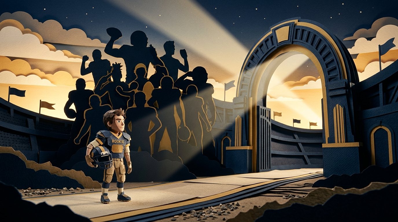 A paper-cutout animation frame: a young player in a ROOKIE jersey standing before a stadium gate, with the silhouettes of past players behind him.